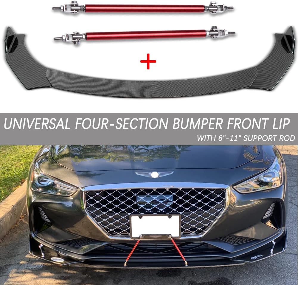 DREAMIZER Universal Front Bumper Lip Strut Rod Spoiler Wing Wide Body Kit Spoiler with Adjustable 6"-11" Support Splitter Rods (Red) - Sharp Corner Pack of 2