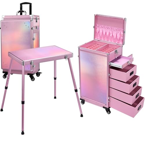 Joligrace Rolling Manicure Table Makeup Case Foldable Nail Desk 5 Drawers Cosmetology Case on Wheels with Brush Pouch for Technician Workstation Mobile Makeup Artist Trolley, Black