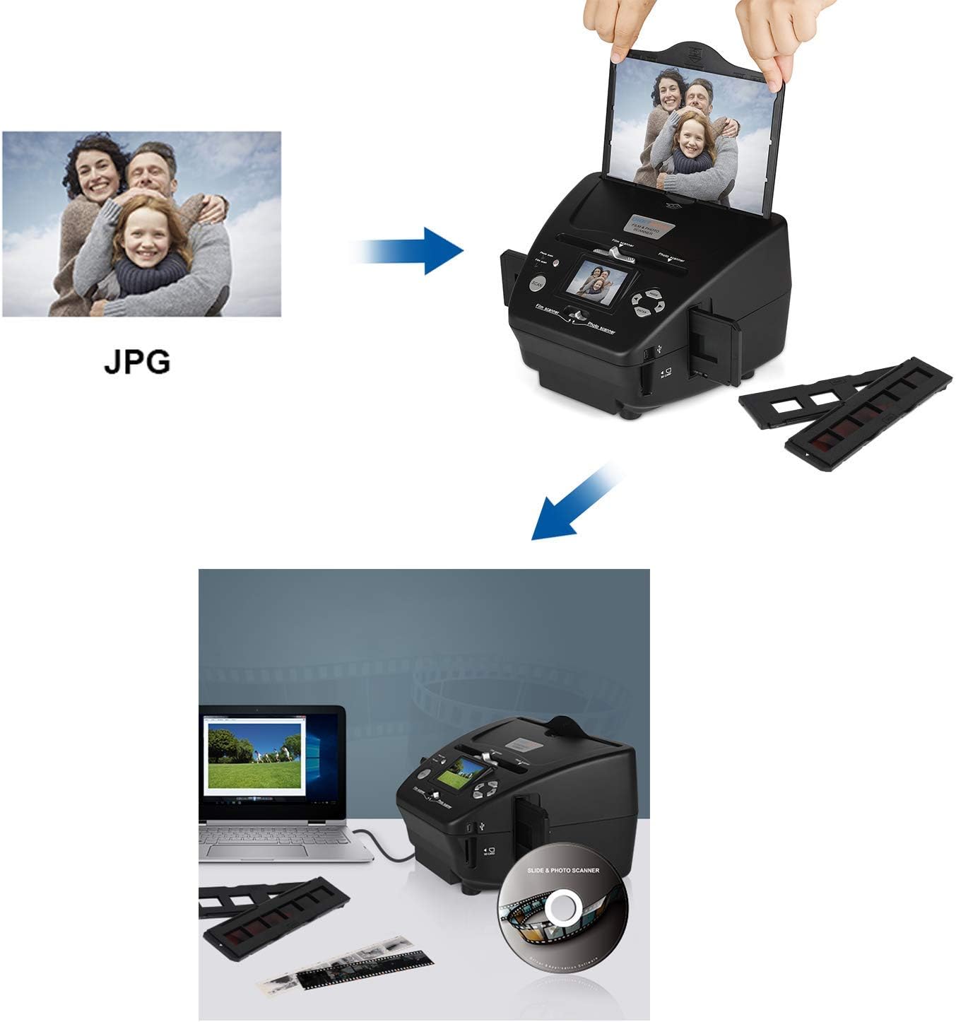 DIGITNOW All-in-One High Resolution 16MP Film Scanner, with 2.4" LCD Screen Converts 35mm/135slides&Negatives Film Scanner Photo, Name Card (Black)
