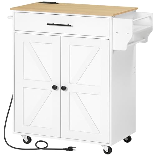 HOOBRO Kitchen Island with Power Outlet, Kitchen Island Storage Island with Large Worktop, Spice Rack and Drawer, Rolling Kitchen Cart on Wheels, for Kitchen and Dining Room, Rustic Brown and Black