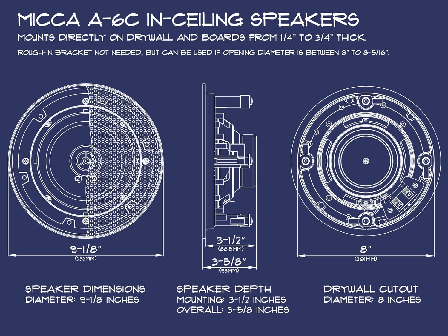 Micca 8 2-Way in Ceiling or Wall Round Speakers, 4 Pack, 8 Inch Woofer, 9.75 Cutout Diameter, Low Profile Rimless Design, for Indoor Rooms or Covered Outdoor Porches, White, Paintable