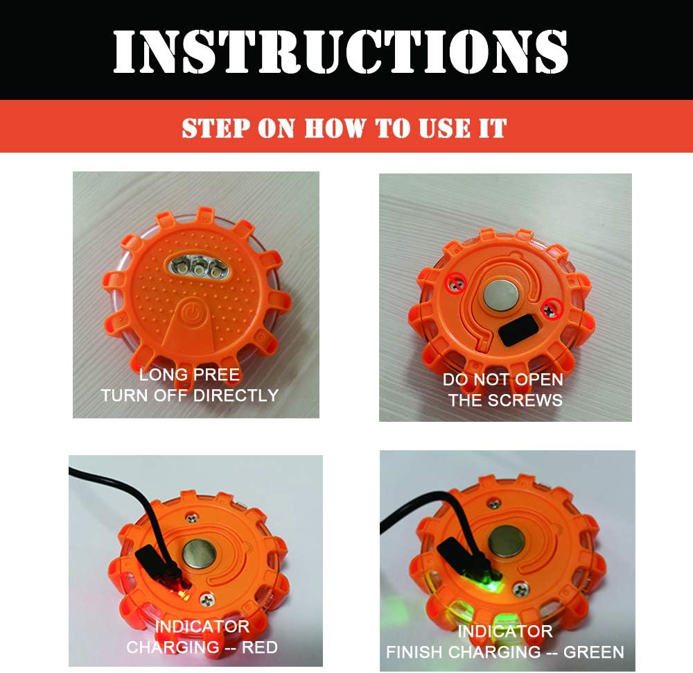 USB Rechargeable LED Road Flares Car Emergency Kit-Roadside Safety Discs Car Warning Safety Beacon Flashing Flares Kit Magnetic Hazard Lights with Window Breaker, Survival Whistle for Vehicles(12)