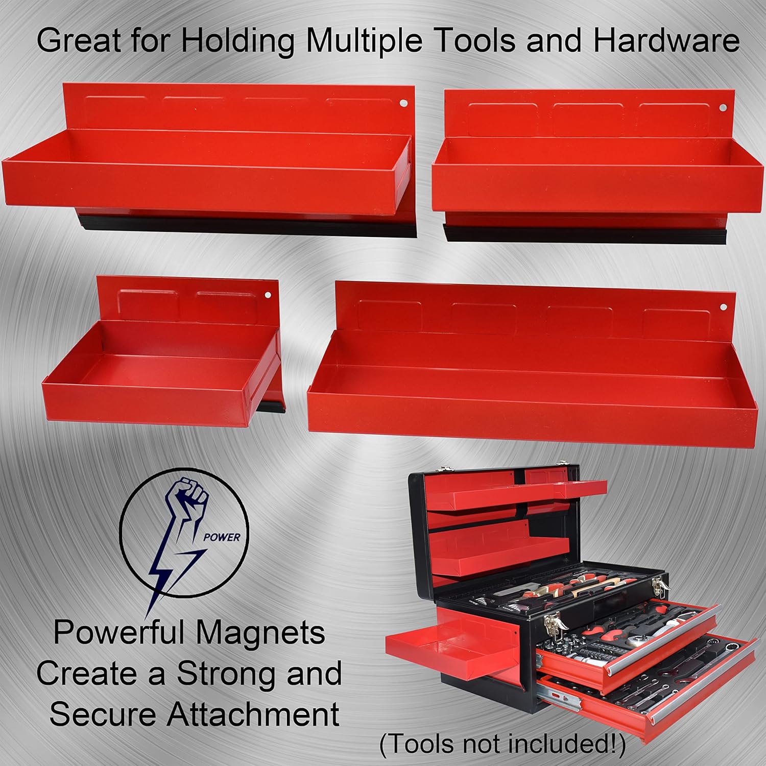 Magnetic Shelf 4-Pcs Set - Red Magnetic Tool Trays - Metal Tool Box with Strong Magnets - Magnetic Storage for Toolbox - Tool Box Accessories for Van Workshop Pack of 2