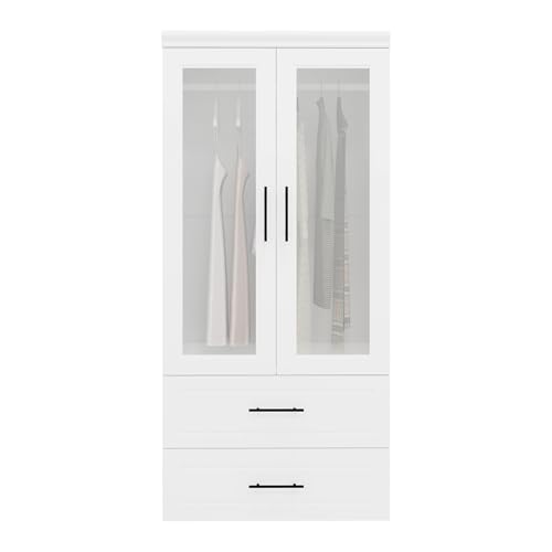 Wood Armoire Wardrobe Closet with Mirror,3 Door Bedroom Armoires Wardrobe Closet with 2 Drawers, Large Wardrobe Closet Storage Cabinet with Hanging Rail, White