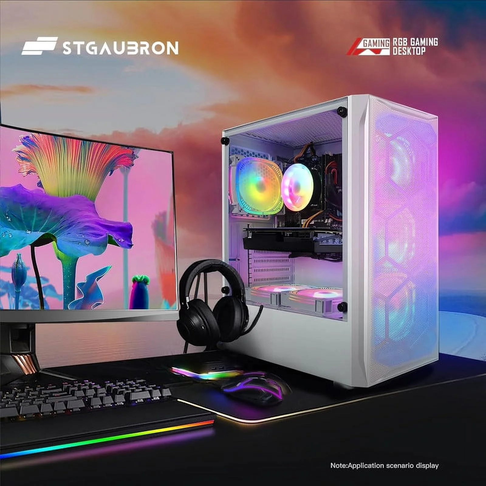 STGAubron Gaming Desktop PC, Intel Core i5 3.2G up to 3.6G, 16G RAM, 512G SSD, Radeon RX 5600 XT 6G GDDR6, 600M WiFi, BT 5.0, RGB Fan x 6, RGB Keyboard & Mouse & Mouse Pad, W10H64