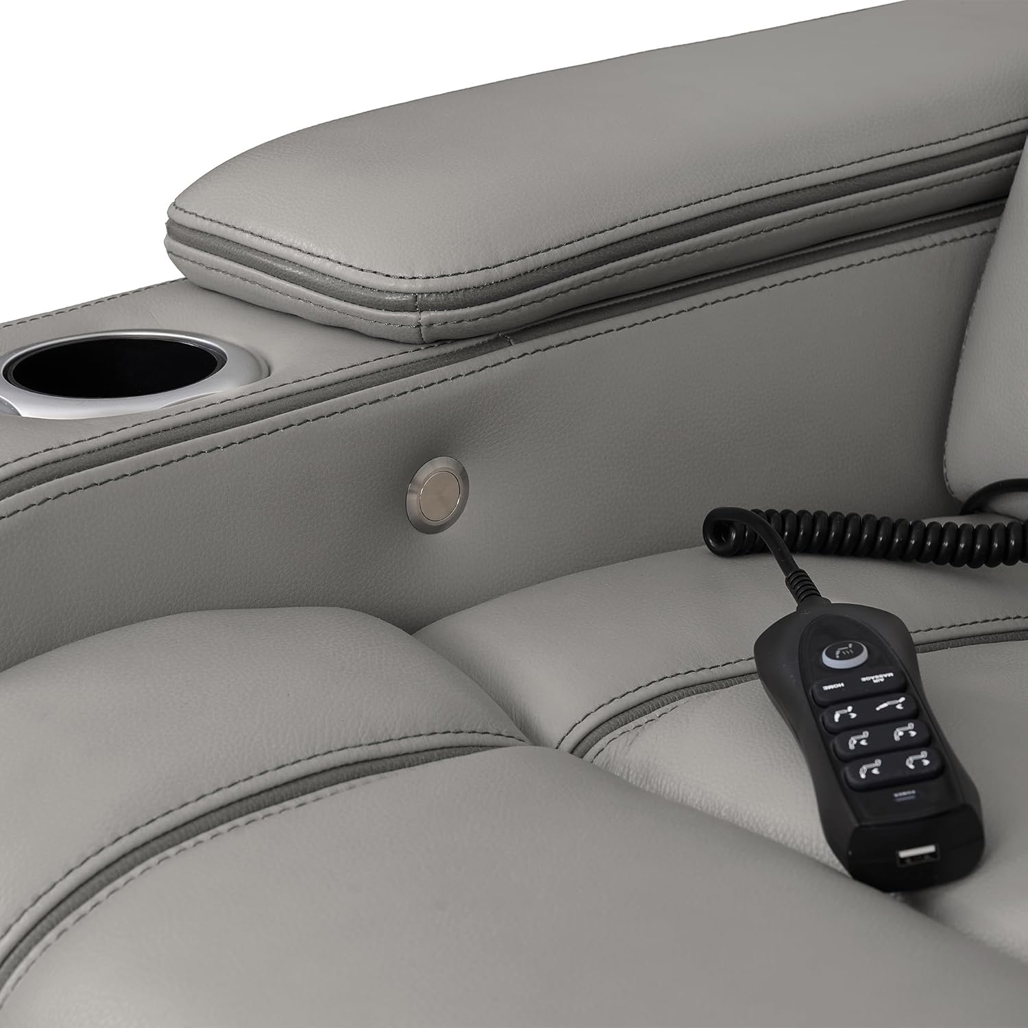 Armen Living Octavia Modern Zero Gravity Power Reclining Heated Massage Sofa, 86" Wide, Silver and Gray Top Grain Leather