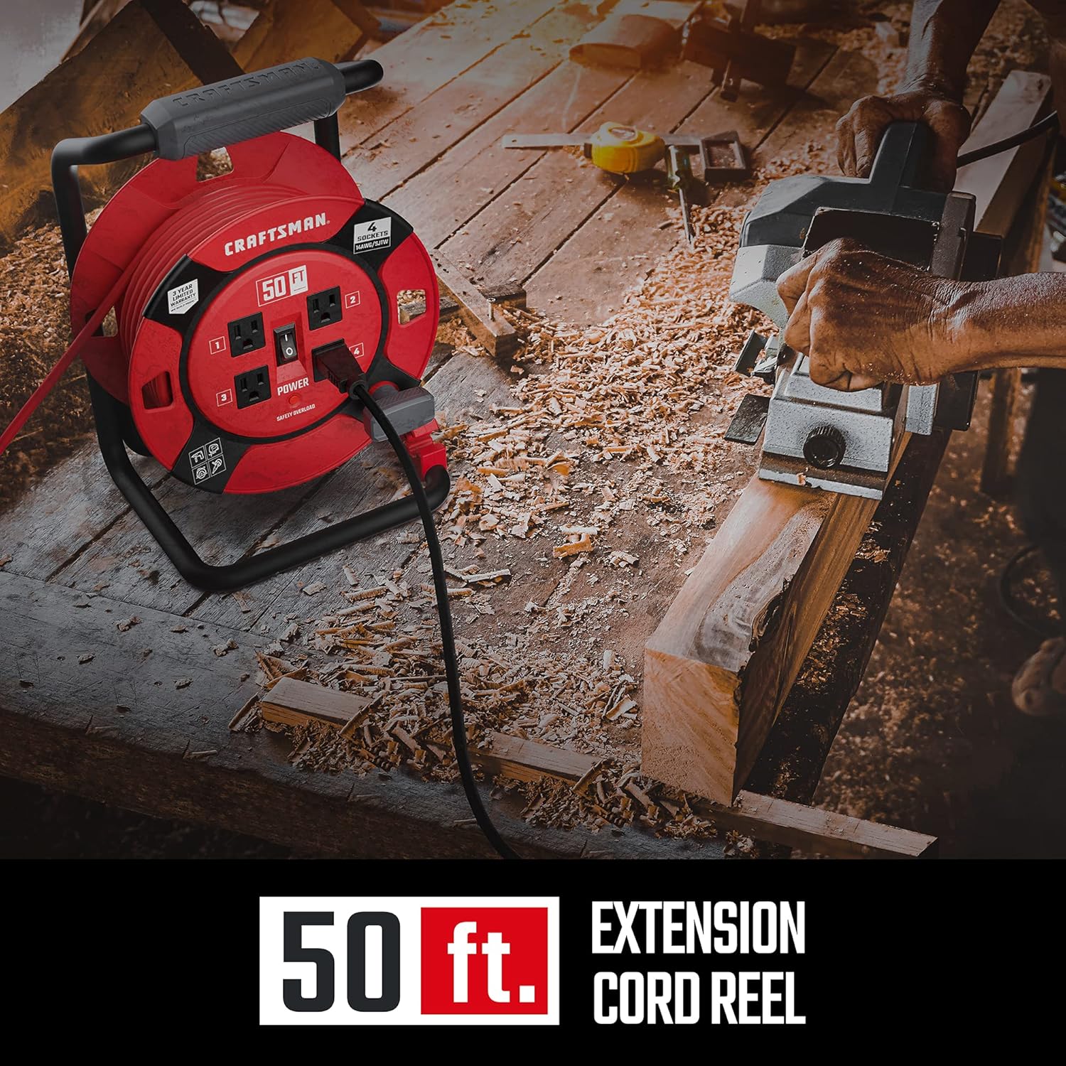 CRAFTSMAN Heavy Duty Retractable Extension Cord, 100 feet with 4 Outlets - 14AWG SJTW Cable - Outdoor Power Cord Reel