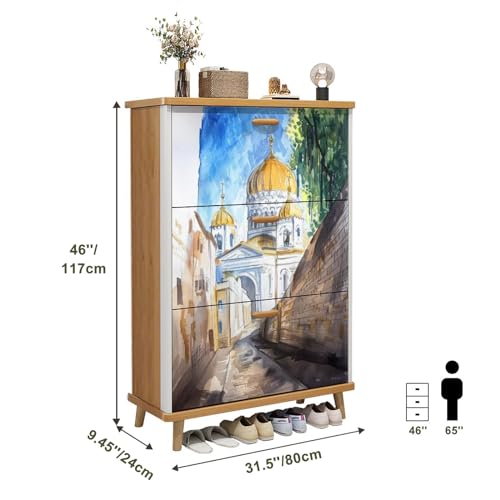 3 Drawer Shoe Cabinet, Artistic Shoe Cabinet, Paris Watercolor Sketch Parisian Streets Houses Tower Street cafes Wood Shoe Rack Organizer for Entryway Slim (31.5”W x 9.45”D 46”H)