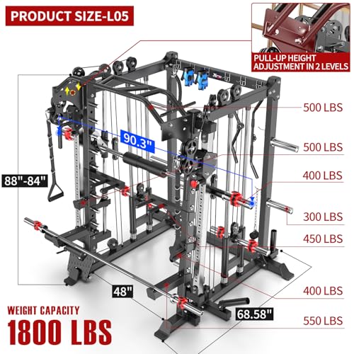 L05/07 Smith Machine，Multi-Function Squat Rack Power Cage with Cable Crossover System,with Weight Bench, Olympic Barbell Weight Set, for Home Gym