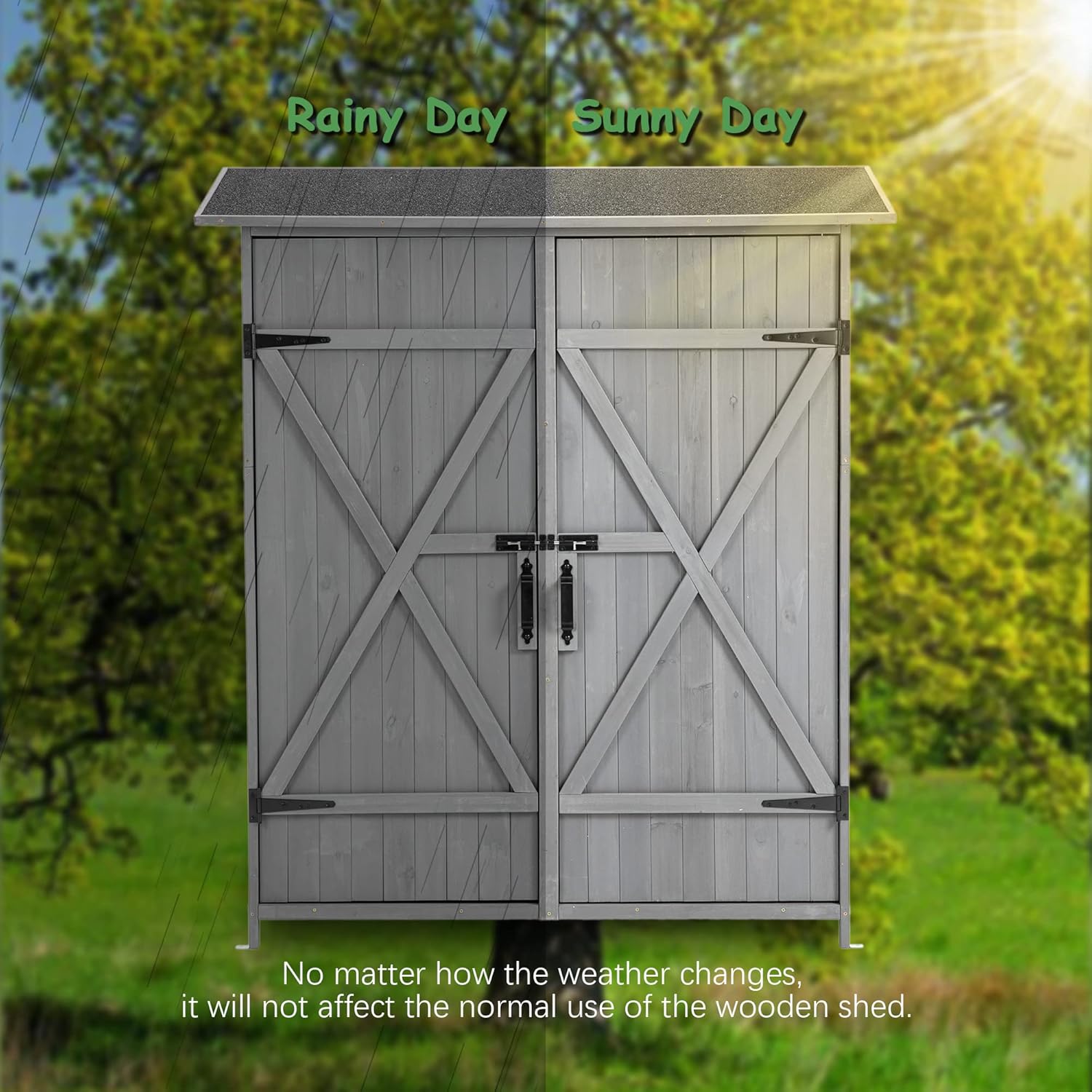 Outdoor Storage Shed, Wood Garden Cabinet with 2 Lockable Doors, 2 Adjustable Shelves & Metal Hooks, Ider for Yard Garge Patio Deck Porch, 56" L x 19.5" W x 64" H - Aqua Grey