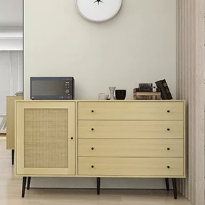 HIUU Storage Cabinet with Door and 4 Drawers for Living room,Sideboard Buffet Cabinet for Dining Room,Natural Wood Dresser for Bedroom