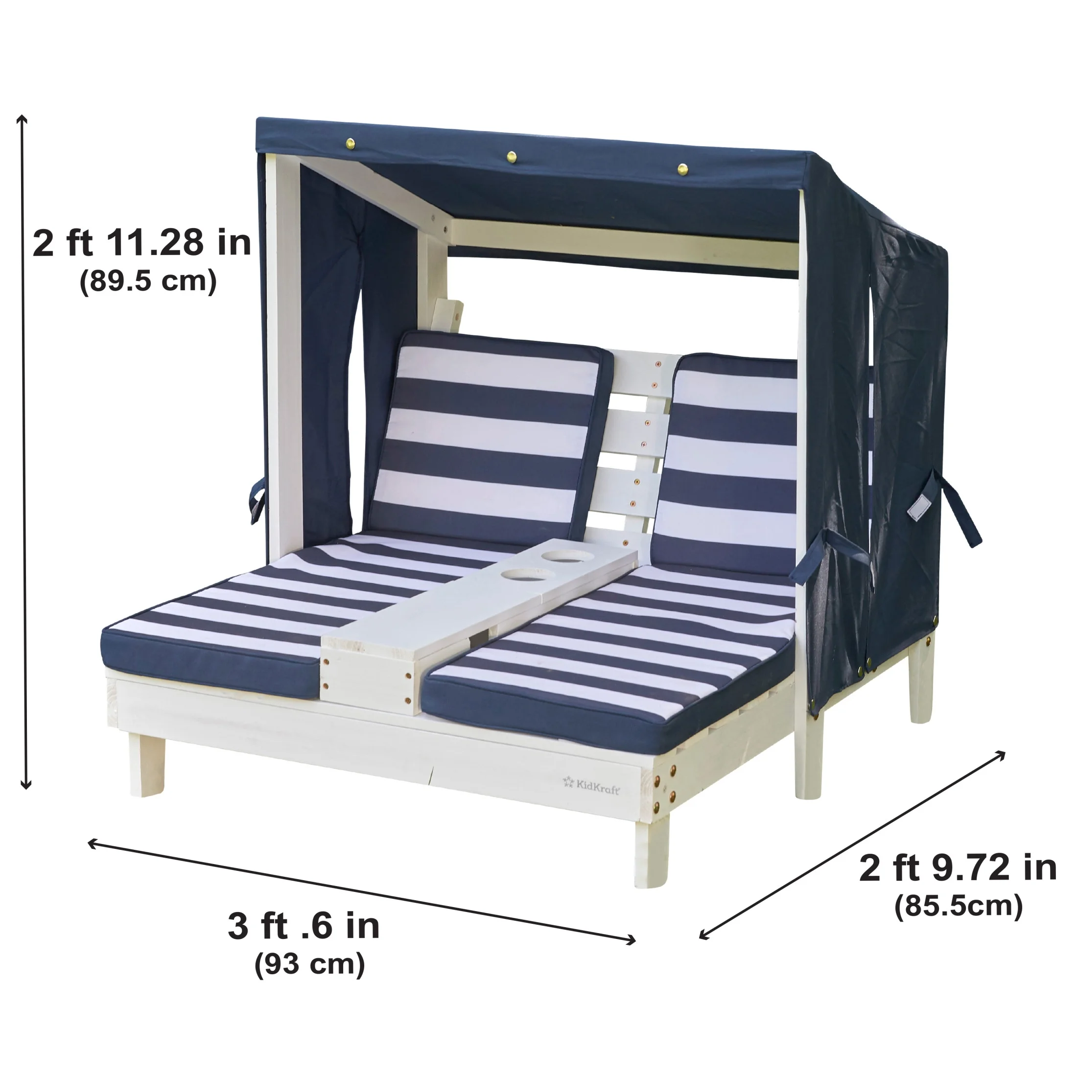 KidKraft Wooden Outdoor Double Chaise Lounge with Cup Holders, White with Navy and White Stripes