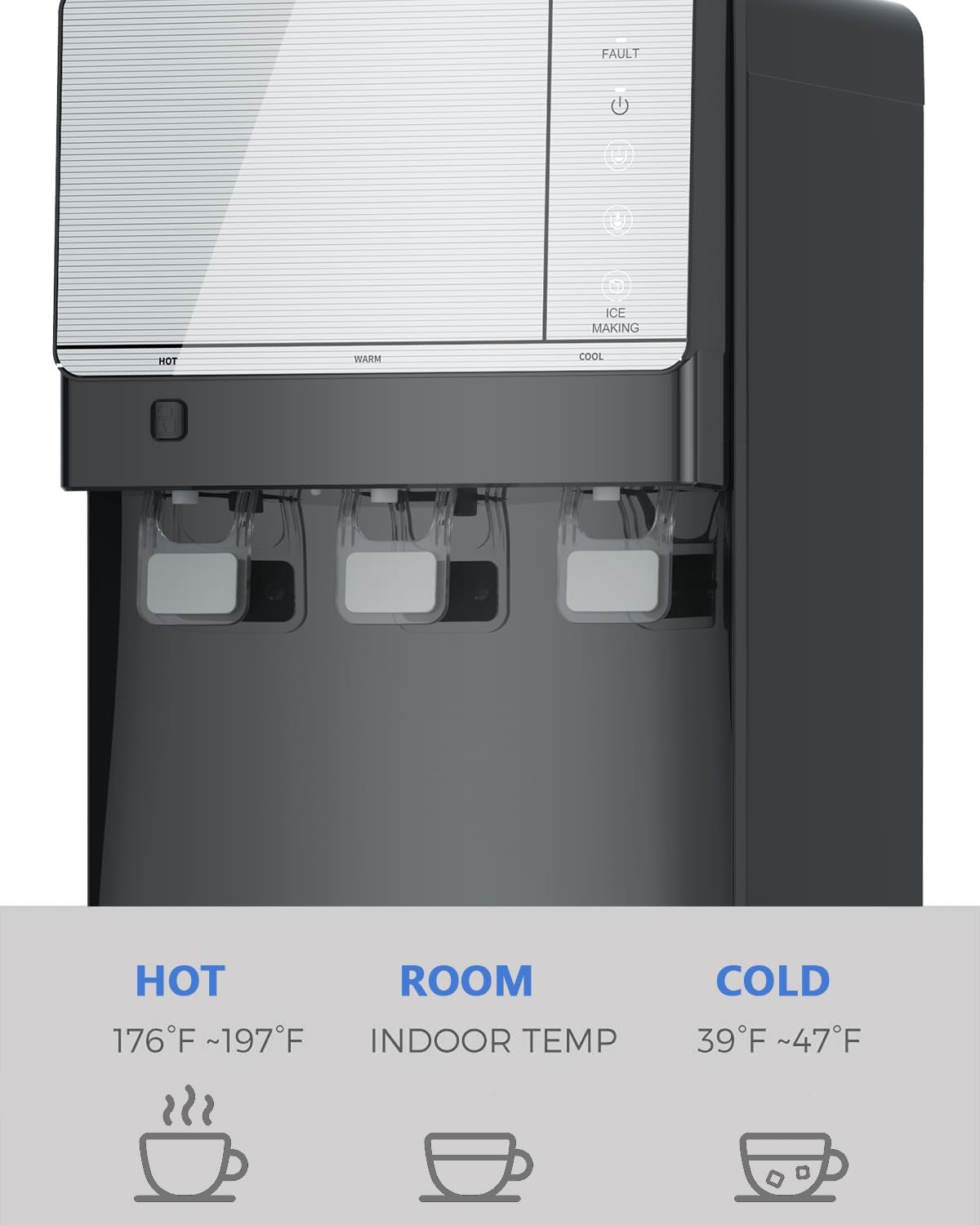3 in 1 Water Cooler Dispenser with Ice Maker, Hot Cold Room Temp Water and Bullet Ice, Top Loading 2, 3 or 5 Gallon, 26 Lbs per 24H, Child Safety Lock, Black