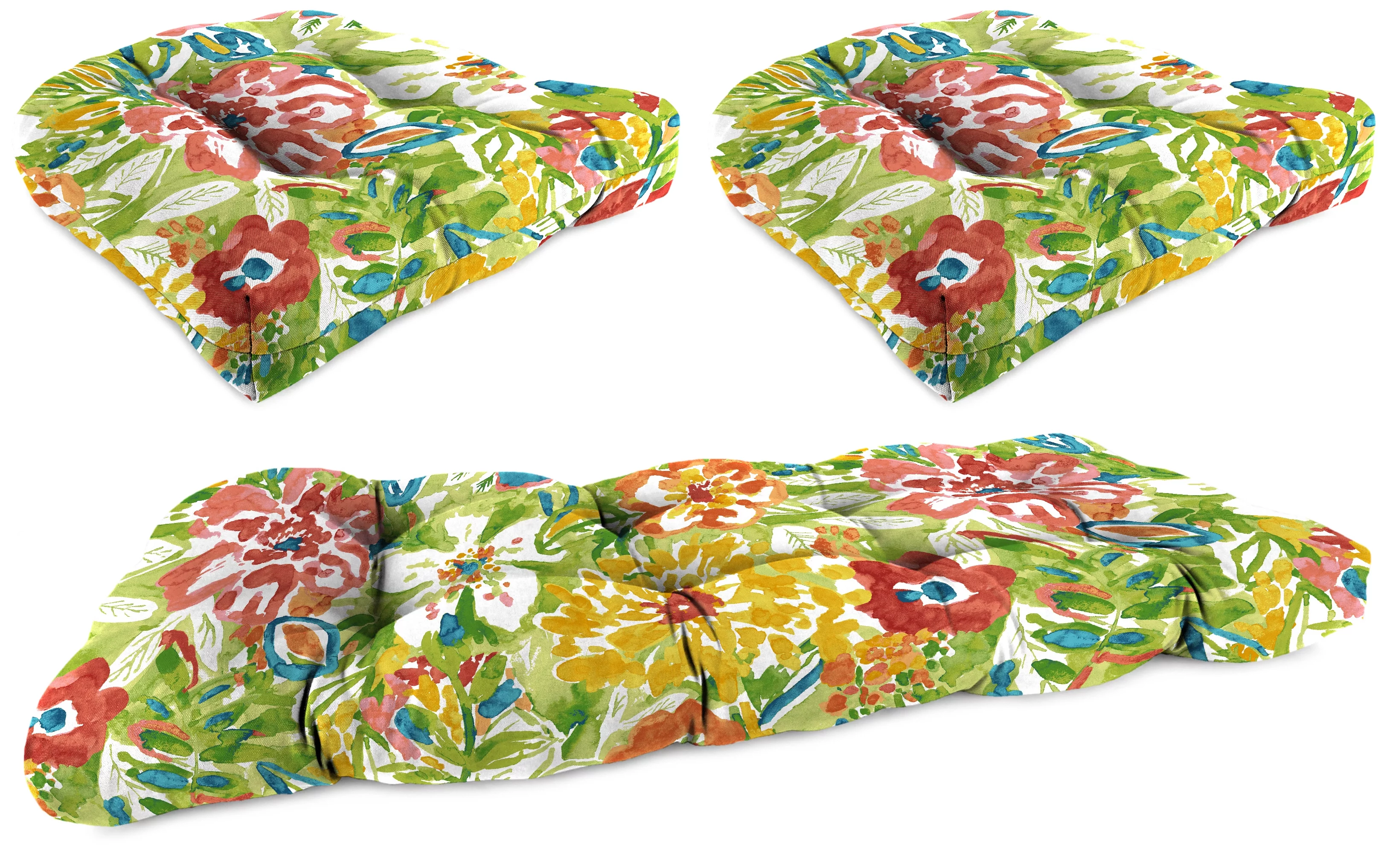 Jordan Manufacturing 3-Piece Sun River Garden Multicolor Floral Outdoor Cushion Set with 2 Wicker Chair Cushions and 1 Wicker Bench Cushion