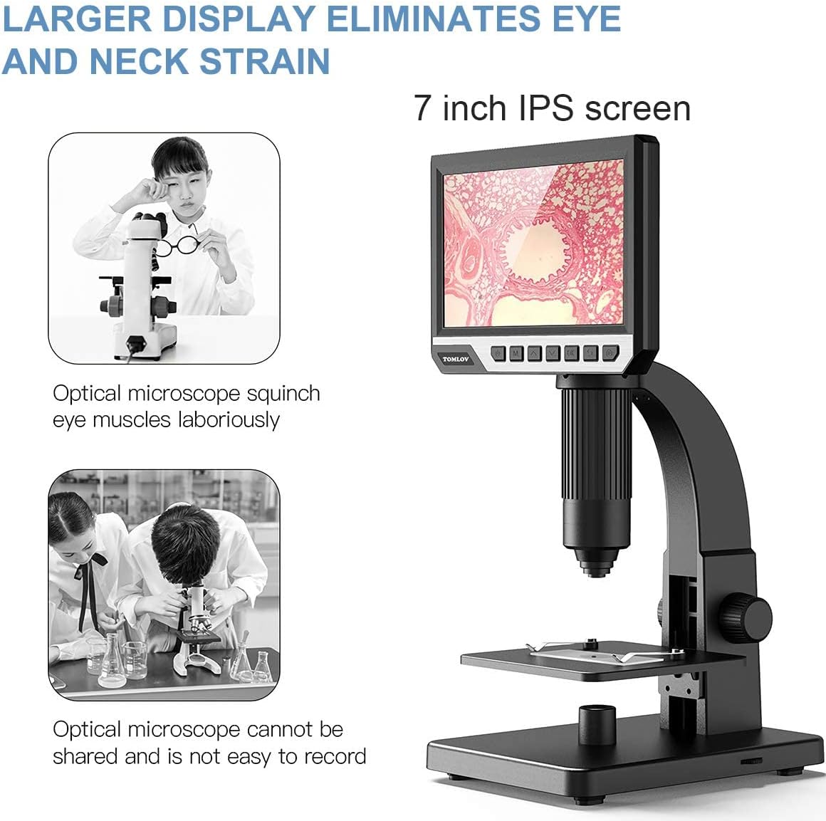 TOMLOV DM11 LCD Digital Microscope with 2000X Dual Lens(Digital & Microbial Lens), 7'' IPS Display∣10 LEDs∣12MP Resolution∣Windows/Mac OS Compatible, SD Card Included