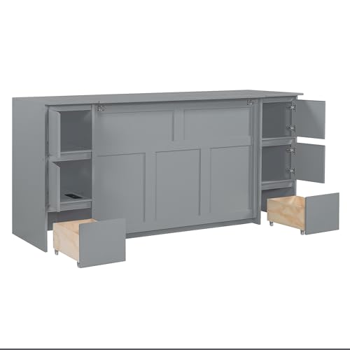 Twin Size Murphy Beds with Charging Station and Storage Drawers, Wood Cabinet Bed Frame, Wall Bed with Outlet & USB Ports for Home Office Studio, White