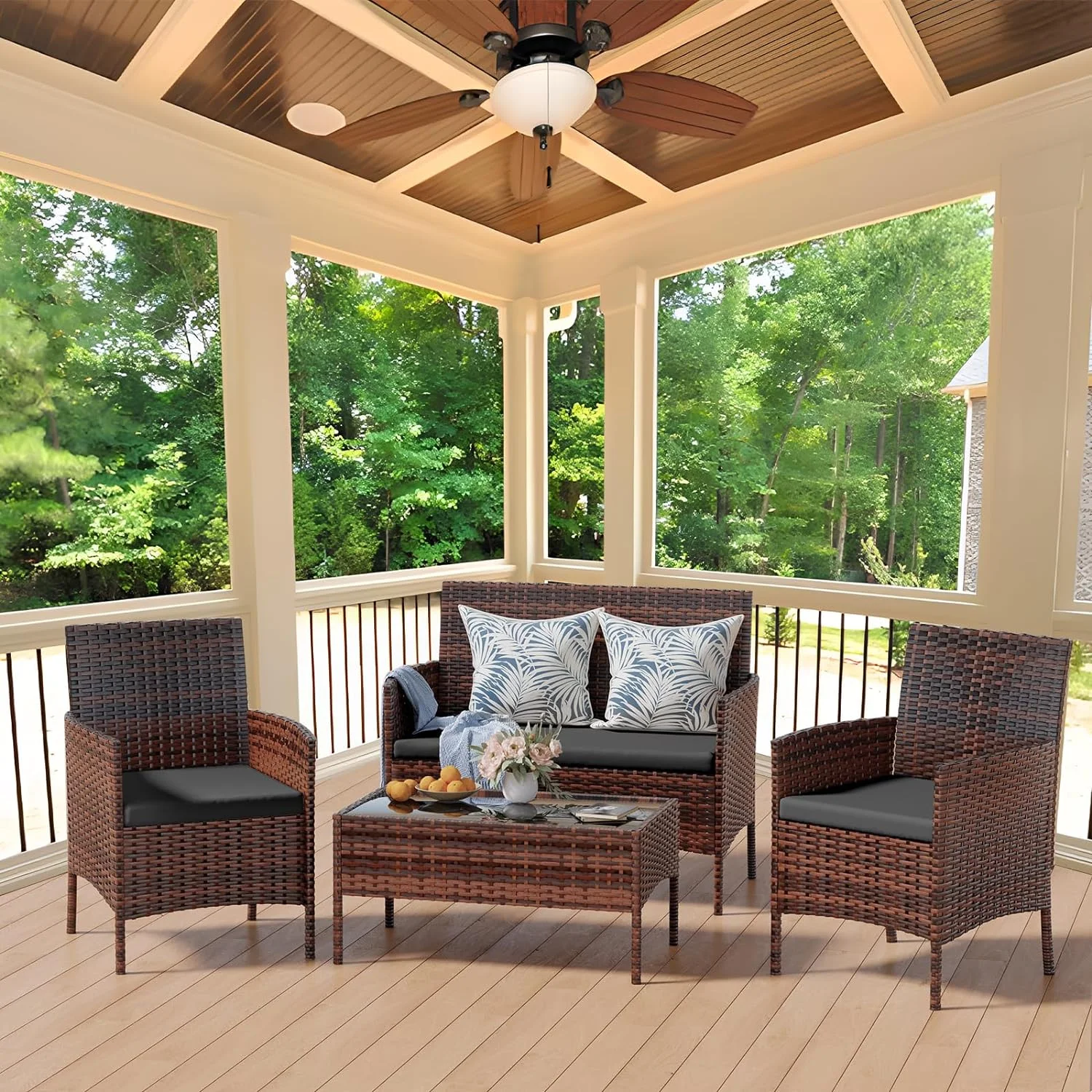 ELPOSUN Patio Furniture 4 Pieces Outdoor Wicker Rattan Chair Balcony Conversation Sets Porch Furniture Sectional Loveseat w Cushions and Table for Backyard Pool Garden (Brown-Grey) - Curated Treasures Market