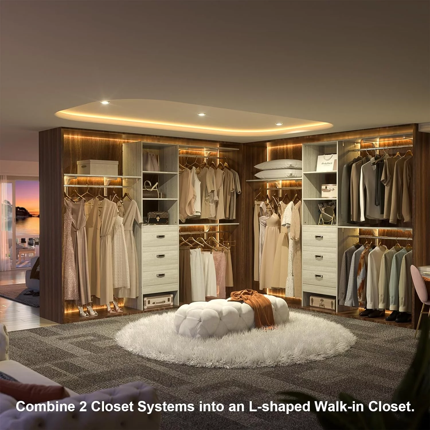 Homieasy 96 Inches Closet System, 8FT Walk In Closet Organizer with 3 Shelving Tower, Heavy Duty Clothes Rack with 3 Drawers, Built-In Garment Rack, 96" L x 16" W x 75" H, Max Load 1000 LBS, White Oak - Curated Treasures Market