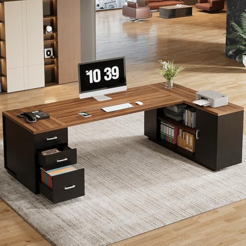 Tribesigns 85.8-Inch L-Shaped Executive Desk with File Drawers, Door Cabinet & Shelves, Extra Large Commercial Office Desk, Modern Professional Office Table, White & Brown Business Furniture