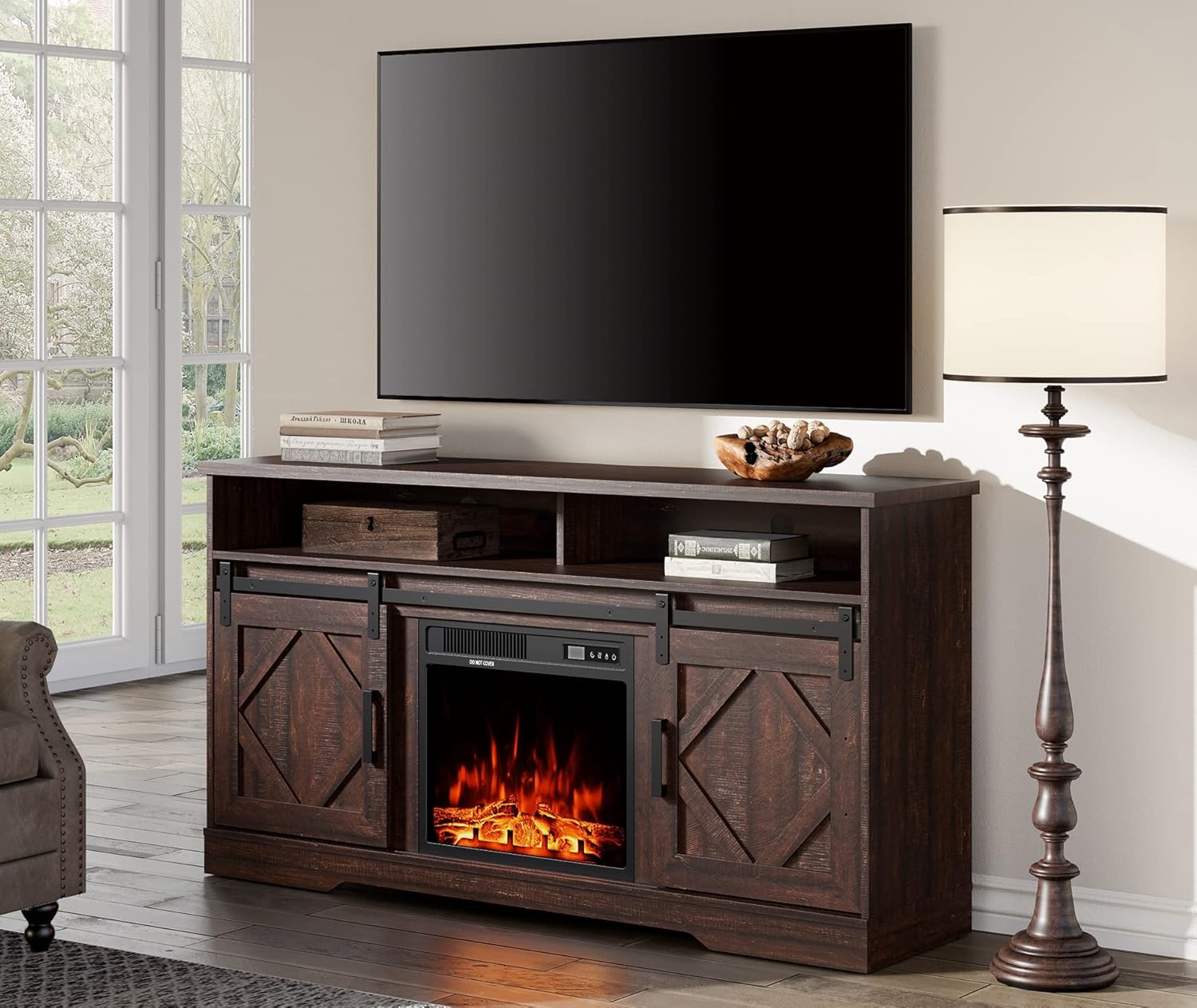 WAMPAT Farmhouse Sliding Barn Door TV Stand for TVs Up to 65 inch, Modern Storage Entertainment Center, Wood Media Console Table Cabinet 3-Level Adjustable Shelf for Living Room, Wash Grey