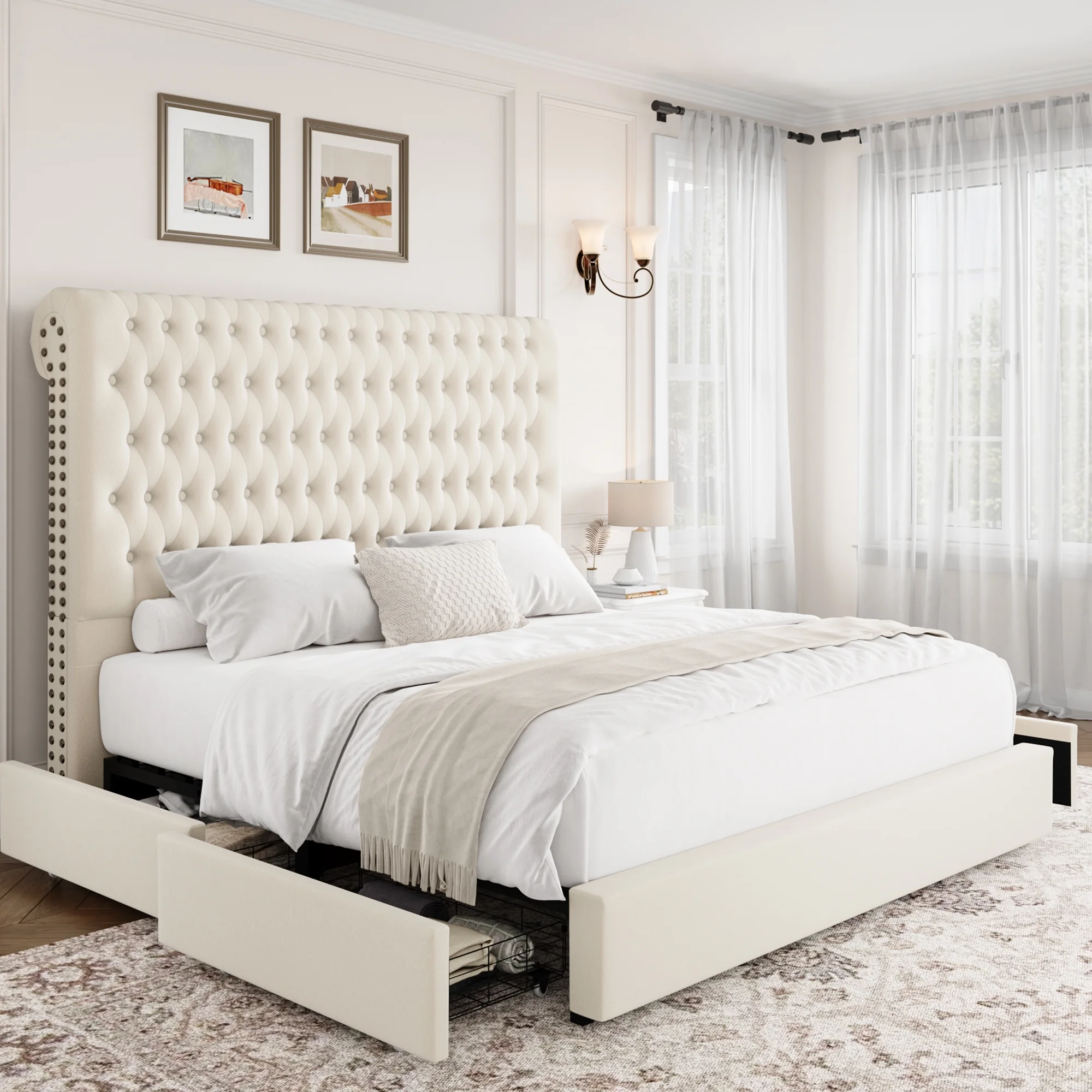 Homfa 54.7" Tall Headboard Bed Frame, Queen Size Storage Bed with Tall Headboard, Tall Upholstered Bed with Footboard and Drawers, Off-white