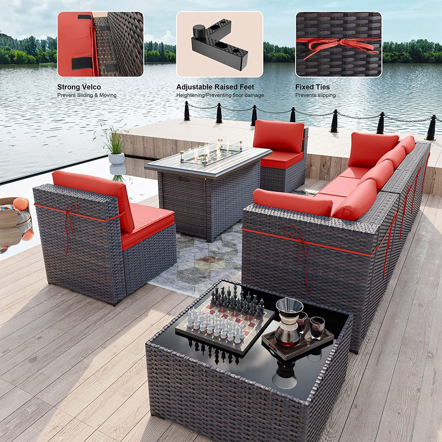 ALAULM 8 Pieces Outdoor Furniture Set with 43" Gas Propane Fire Pit Table PE Wicker Rattan Sectional Sofa Patio Conversation Sets,Red