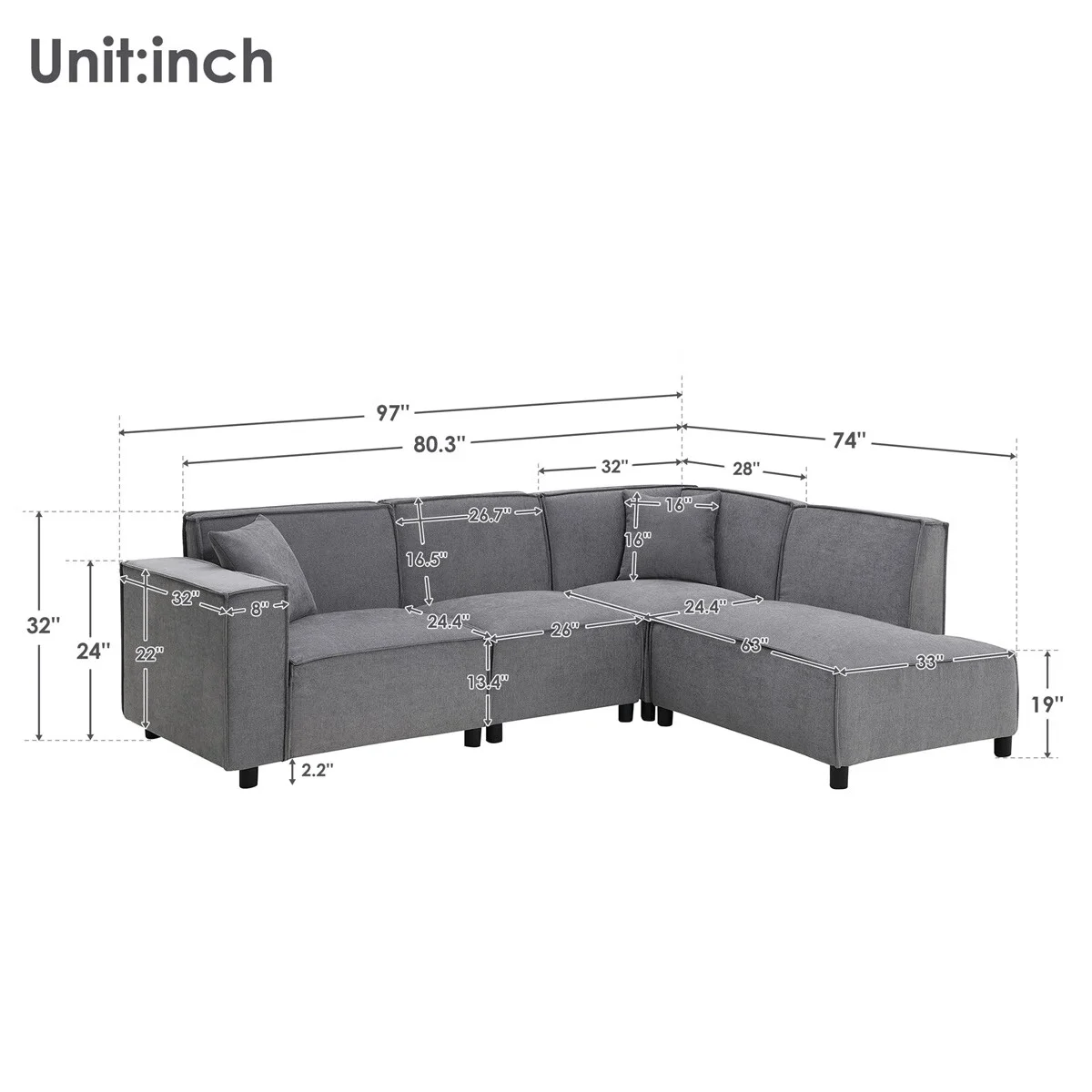 SENTERN 97*74" Modern Minimalist Style Sectional Sofa,L-shaped Couch Set with 2 Free pillows,5-seat Chenille Fabric Couch with Chaise Lounge for Living Room