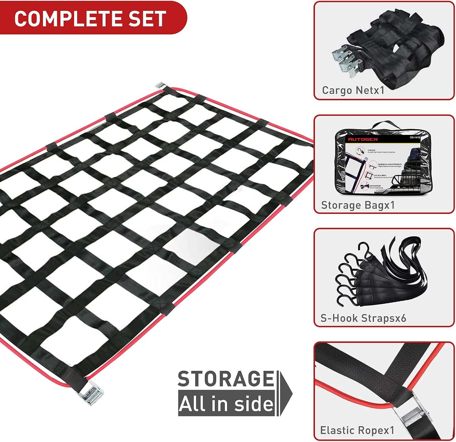AUTOGEN Truck Bed Cargo Net, 57x73 Cargo Net with Cam Buckles & S-Hooks, Heavy Duty Cargo Nets Capacity 1100LBS for Pickup Trucks (4.75' x 6')