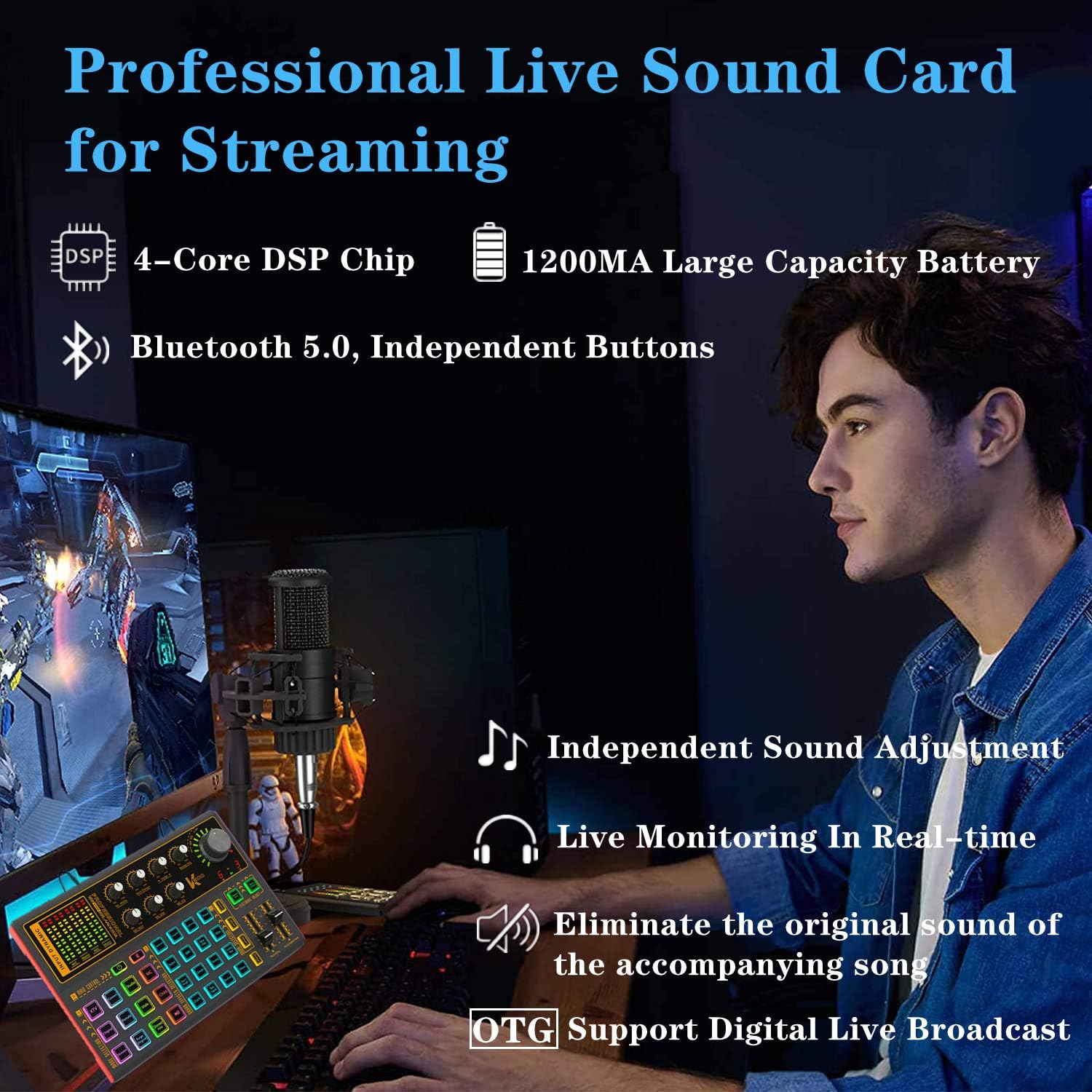 Professional Audio Mixer, K300 Live Sound Card and Audio Interface Sound Board with Multiple DJ Mixer Effects,Voice Changer and LED Light, Prefect for Streaming/Podcasting/Gaming/Recording/YouTube/PC Pack of 2