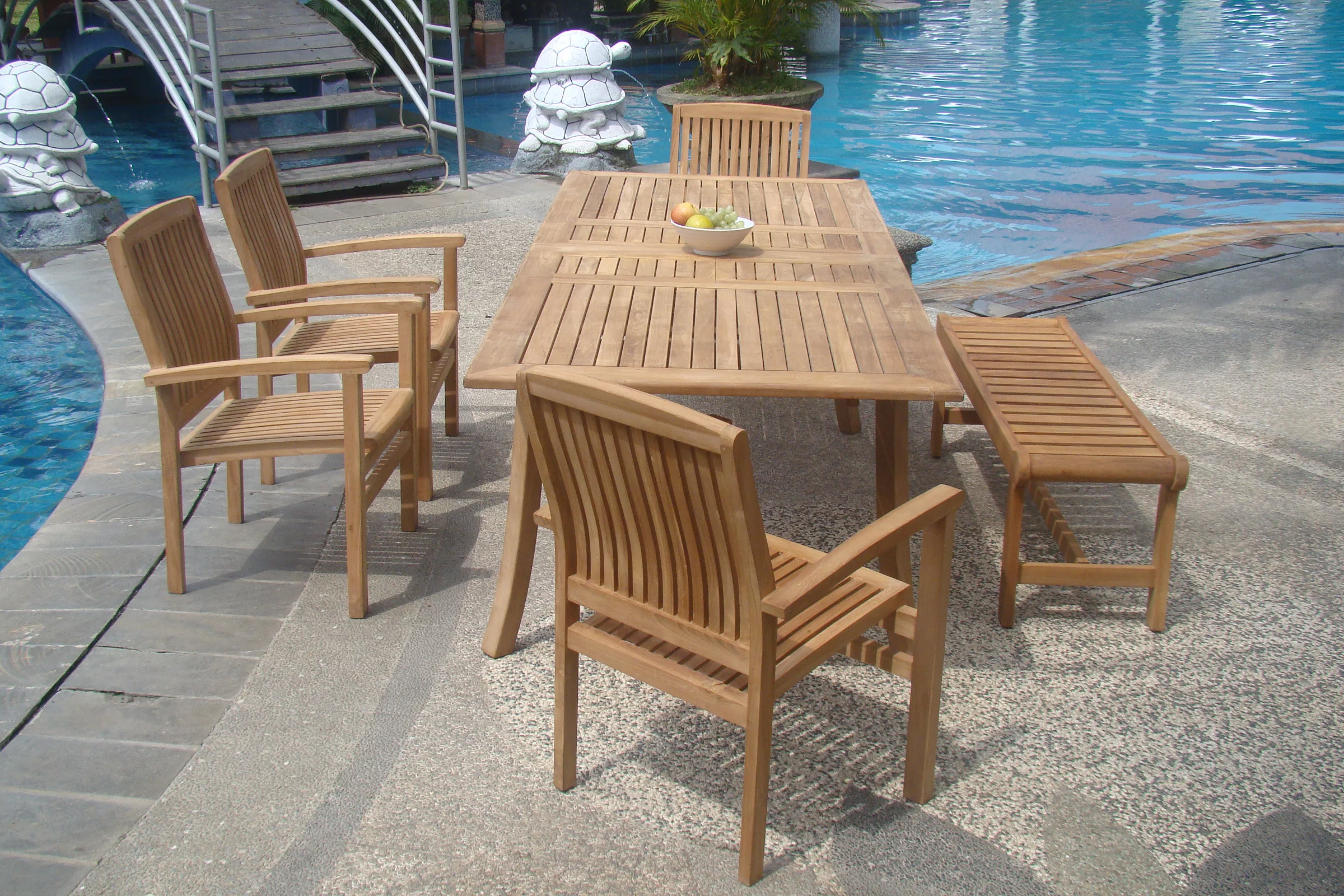 Teak Dining Set:6 Seater 7 Pc - 94" Double Extension Rectangle Table, 5 Wave Stacking Arm Chairs with 55" Backless Bench Outdoor Patio Grade-A Teak Wood WholesaleTeak #WMDSWV8