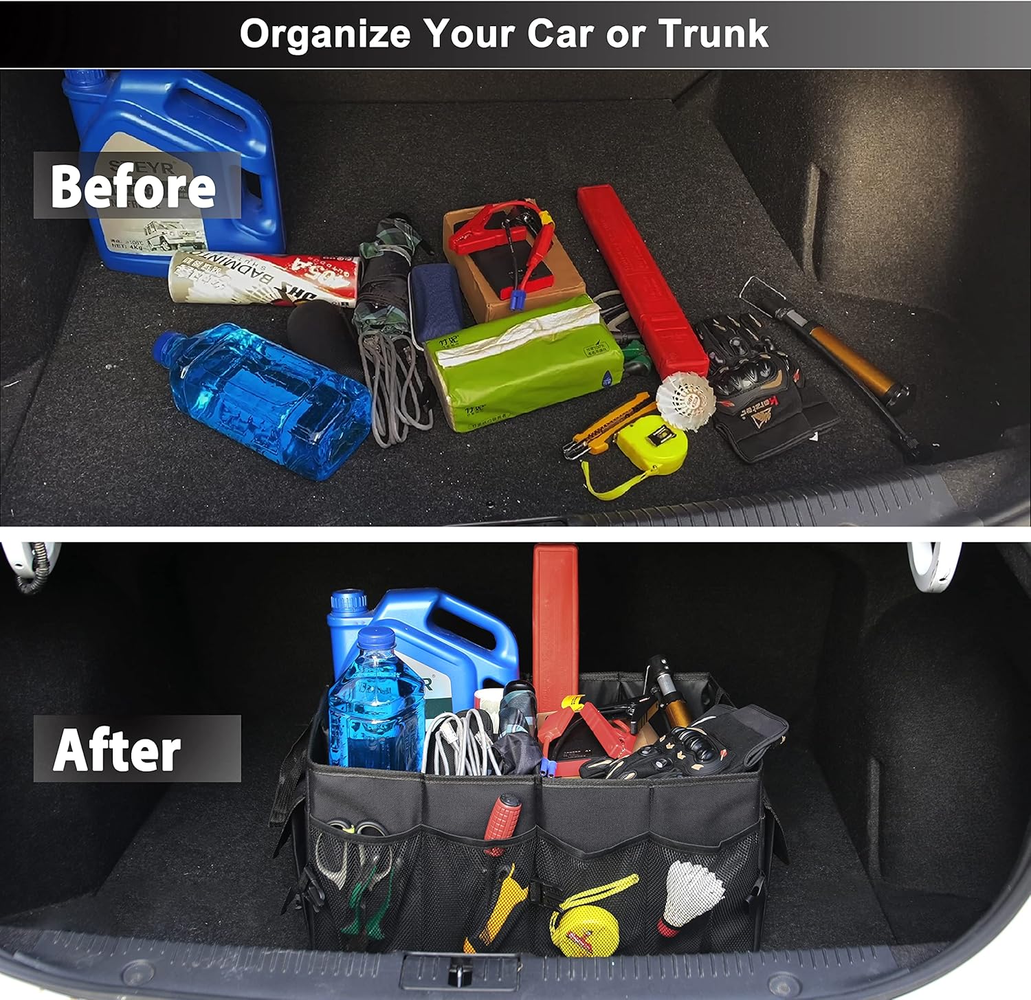 VOPQL Trunk Organizer and Storage - Collapsible Portable Trunk Organizer, Multi-Compartment Automotive Consoles & Organizers, Durable Foldable Cargo Storage Box for All auto, SUV, Truck, Minivan