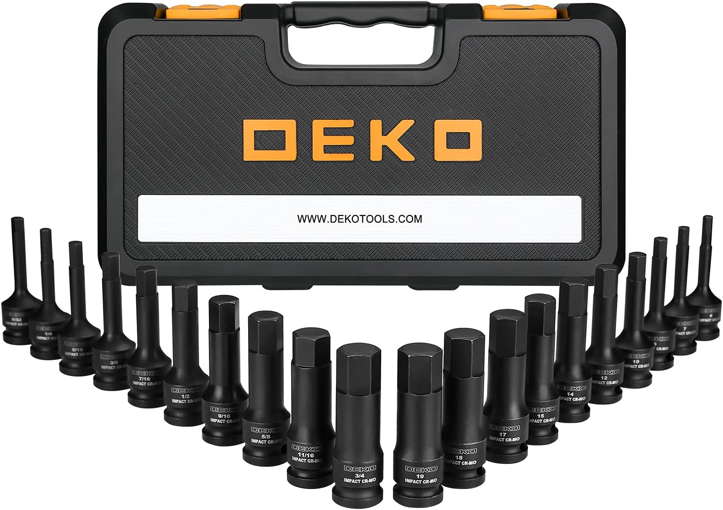 DEKOPRO 1/2" Drive Master Impact Hex Bit Set, Hex Driver,20Piece, Cr-Mo Steel, SAE/Metric, 1/4" - 3/4", 6mm - 19mm, Meets ANSI Standards, Dual Size Markings, Heavy Duty Storage Case