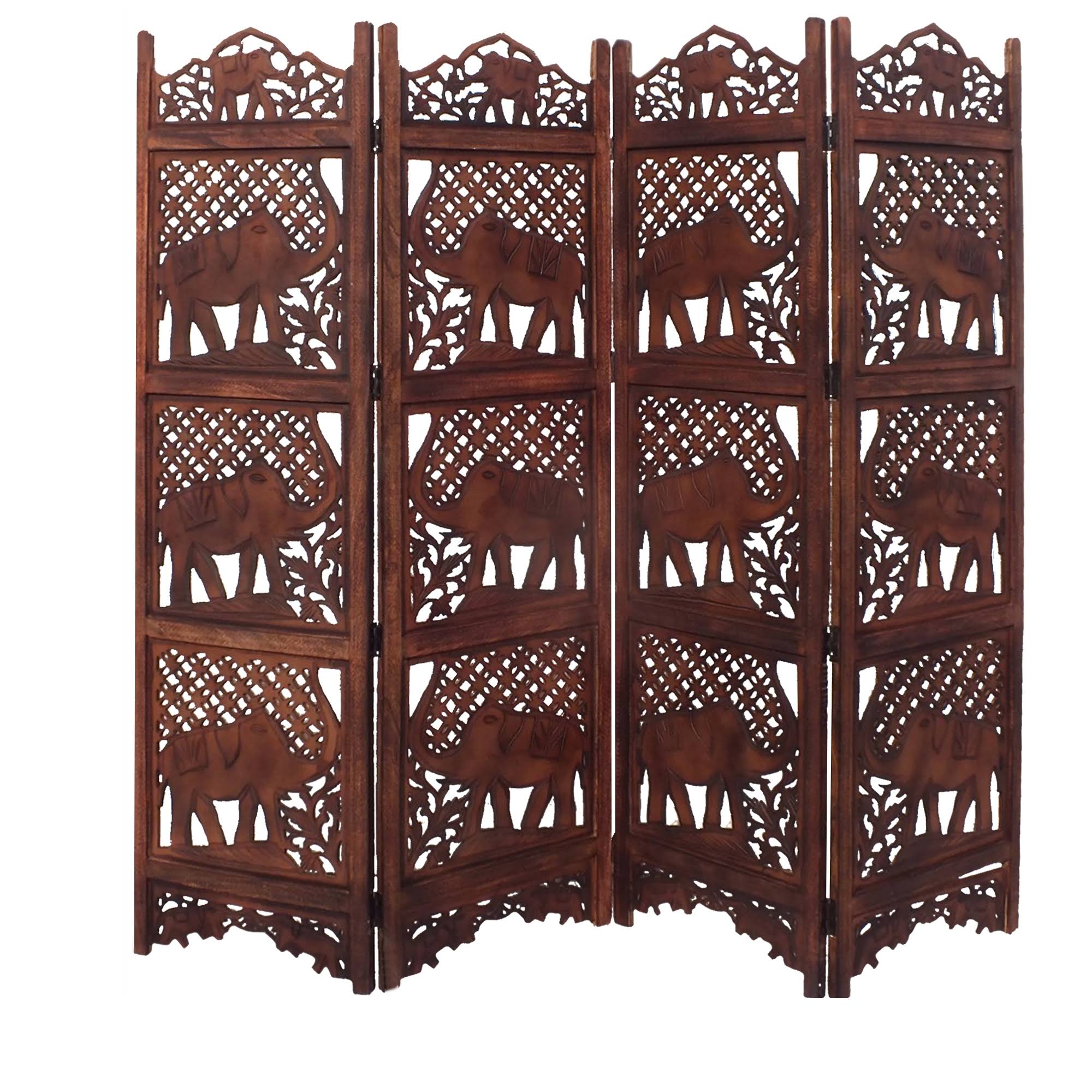 Benzara Hand Carved Elephant Design Foldable 4 Panel Wooden Room Divider, Brown
