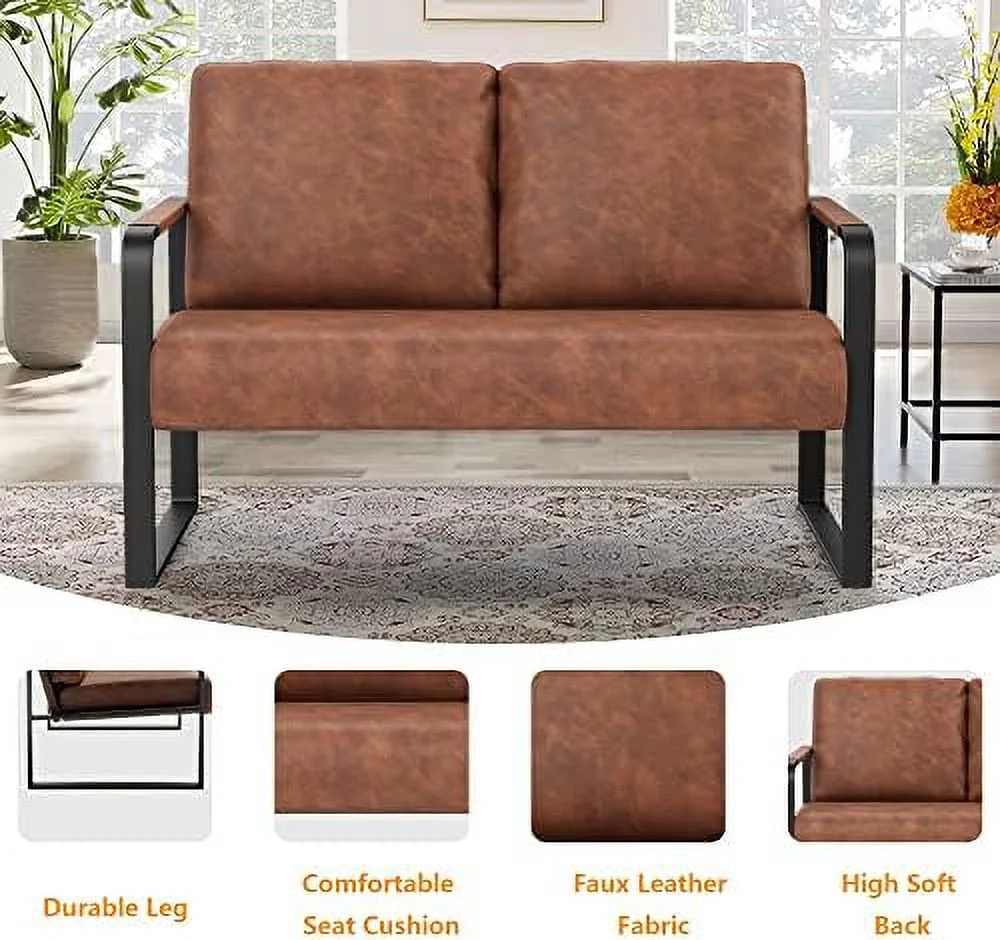 xrboomlife Love Seat Mini Couch Small Settee Loveseat Bench for Living Room  Faux Leather Loveseat Sofa Small Sofa Couches for Small Spaces with Padded Cushion  Mid Century Modern Dark Br