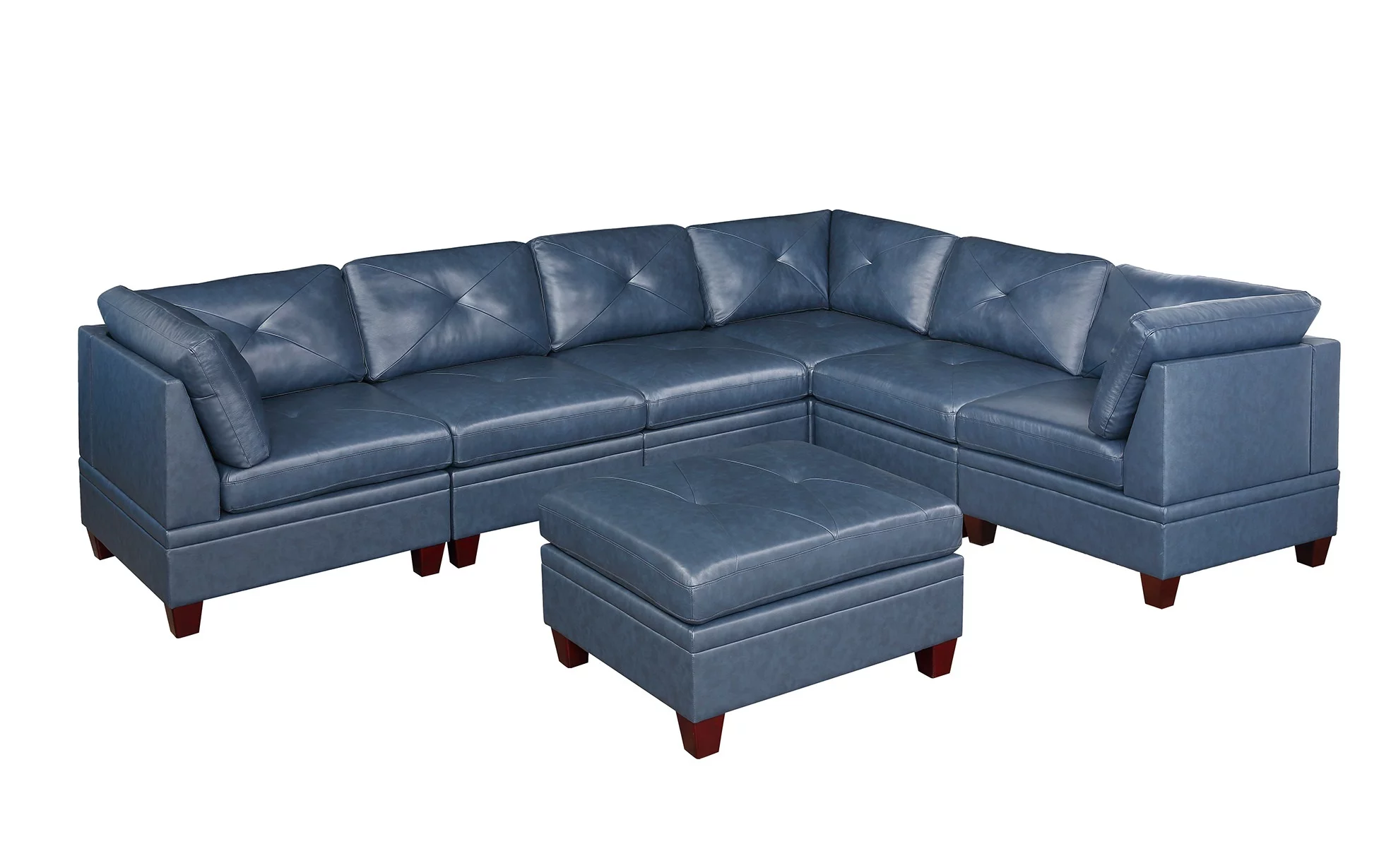Ink Blue Top Grain Leather 7pc L-Sectional Sofa Contemporary Living Room Furniture Wedge Ottoman Armless Chair Cushion Couch