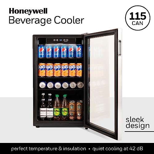 Honeywell Beverage Refrigerator and Cooler, 48 Can Mini Fridge with Glass Door for Soda Beer or Wine for Office or Bar with Adjustable Removable Shelving