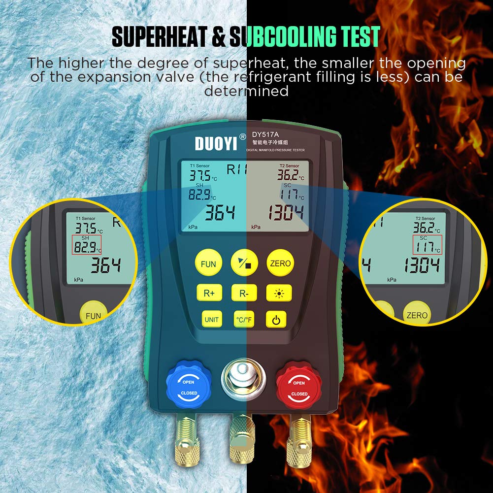 Digital Manifold Gauge Set Pressure&Temp Test HVAC Manifold Pressure Leak Test Digital Refrigerant Gauges Vacuum HVAC Gauges with Refrigerant Hoses&Temperature Clamps&LCD Display for Air Conditioning