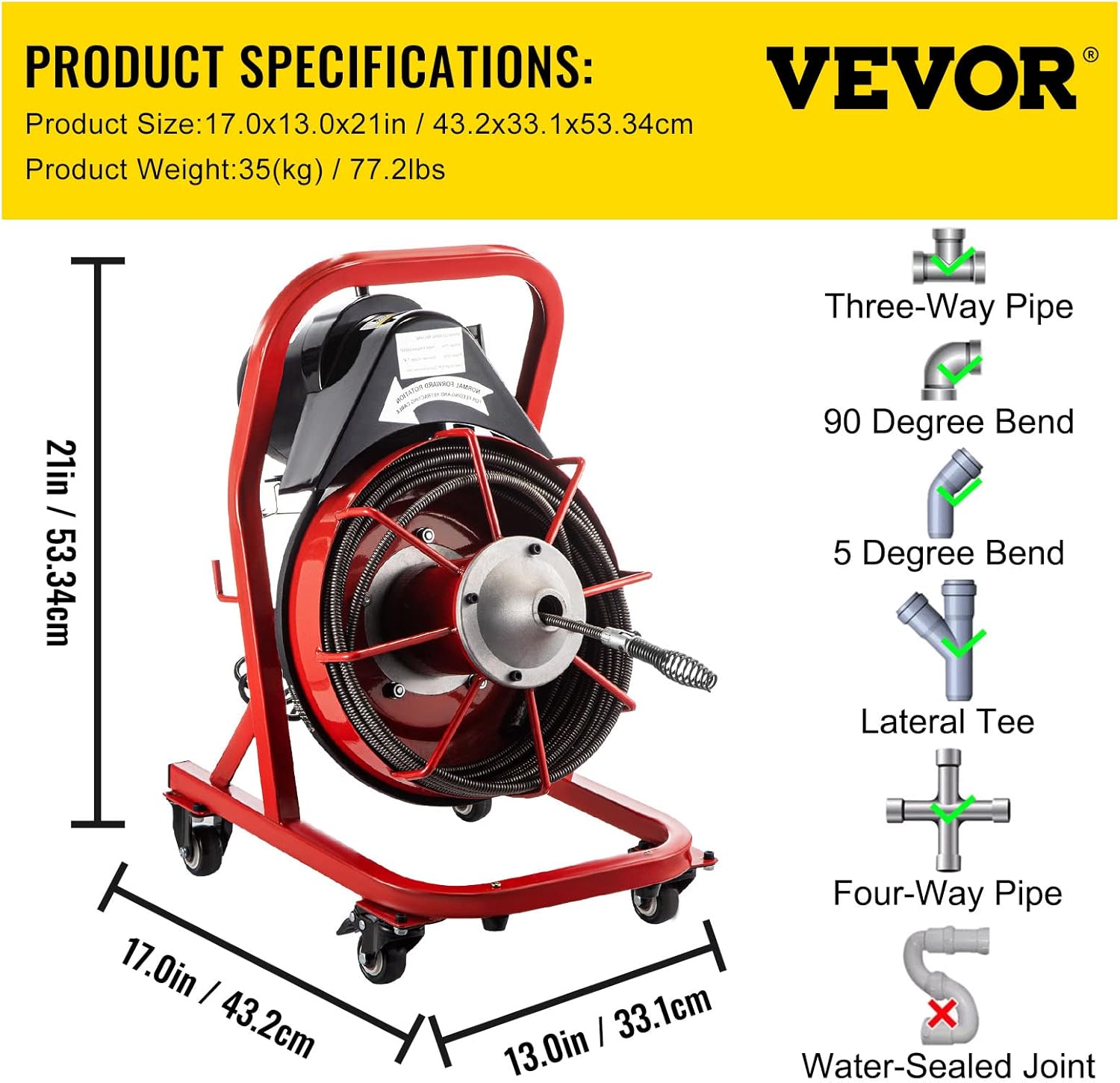 VEVOR 75FT x 3/8 Inch Drain Cleaning Machine, 250W Electric Drain Auger on Wheels, Portable Sewer Snake Auger Cleaner with Cutters & Air-Activated Foot Switch for 2" to 4" Pipes, Black, Red