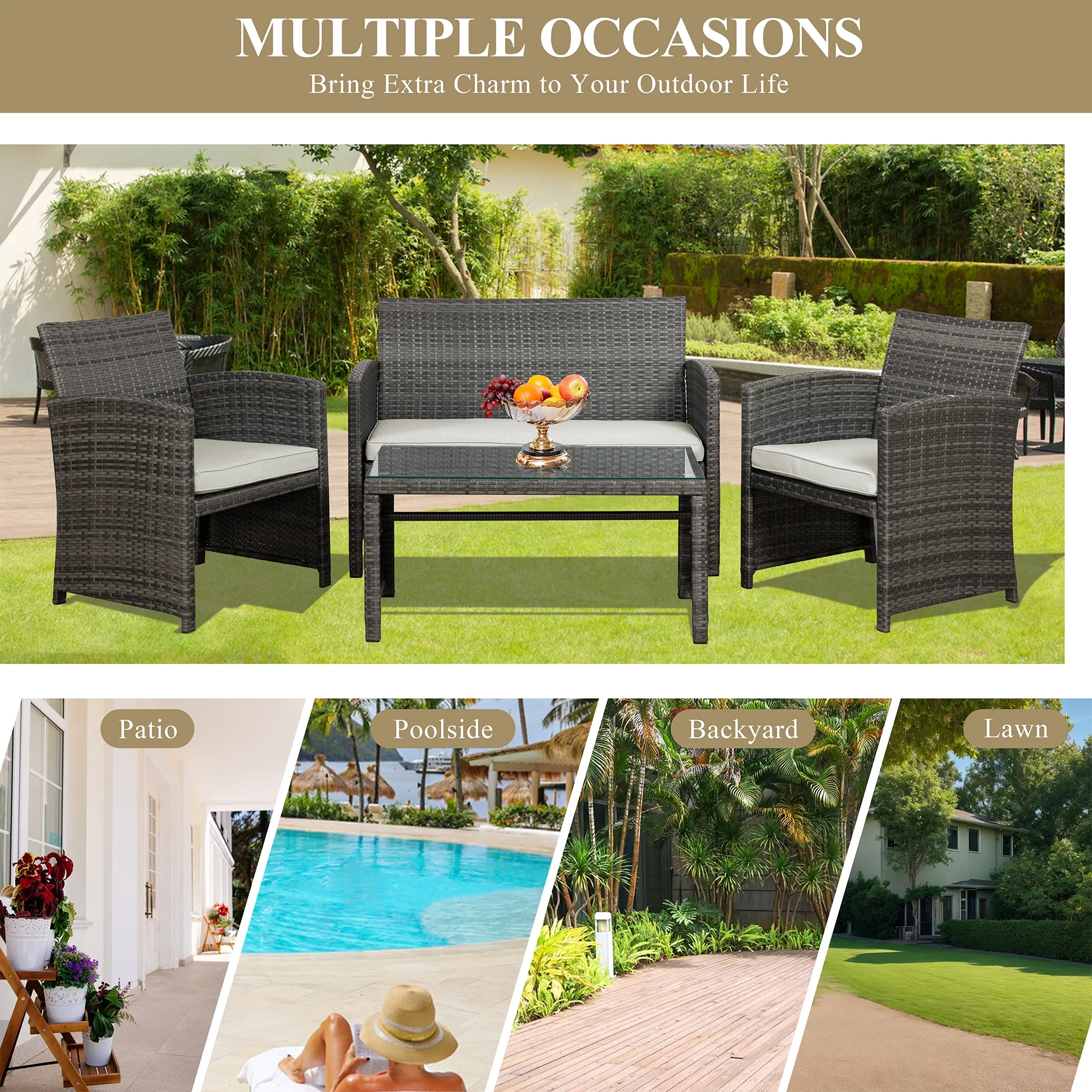 Walsunny 4 Piece Patio Ratten Set Outdoor Furniture Set Wicker Conversation Set with Cushions and Tempered Glass Tabletop