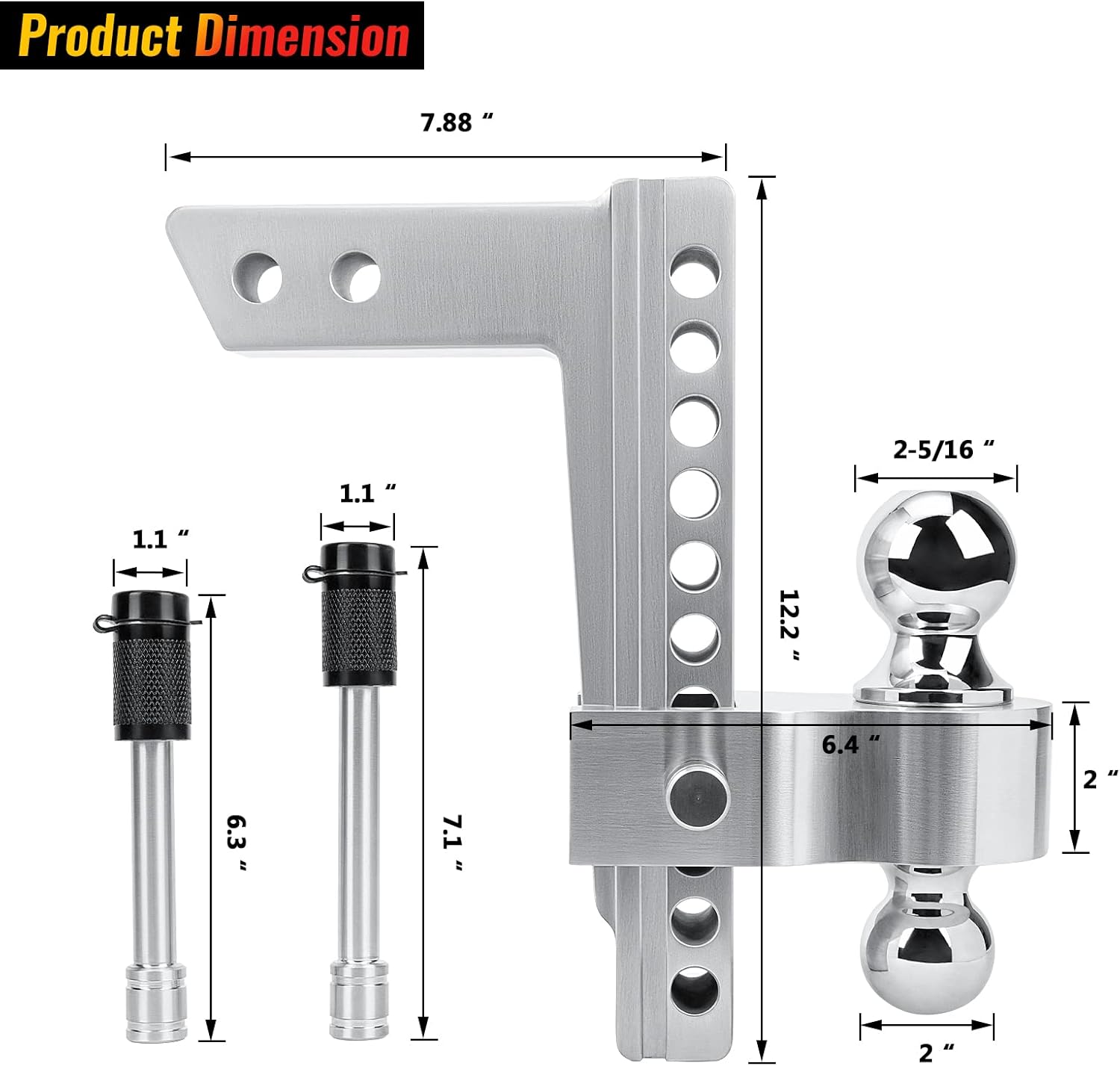 PLIOSAUR Adjustable Trailer Hitch Ball Mount, 2-Inch Receiver, 6-Inch Drop, 6-Inch Rise, 2-Inch and 2-5/16-Inch Dual Towing Balls with Double Pin Key Locks