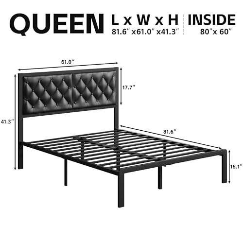 Queen Bed Frame with Headboard PU Leather Upholstered Bed Frame Platform,All Metal Slats Support Platform Bed Frame with Storage Space,Easy Assembly,Noise Free,No Box Spring Needed,Black