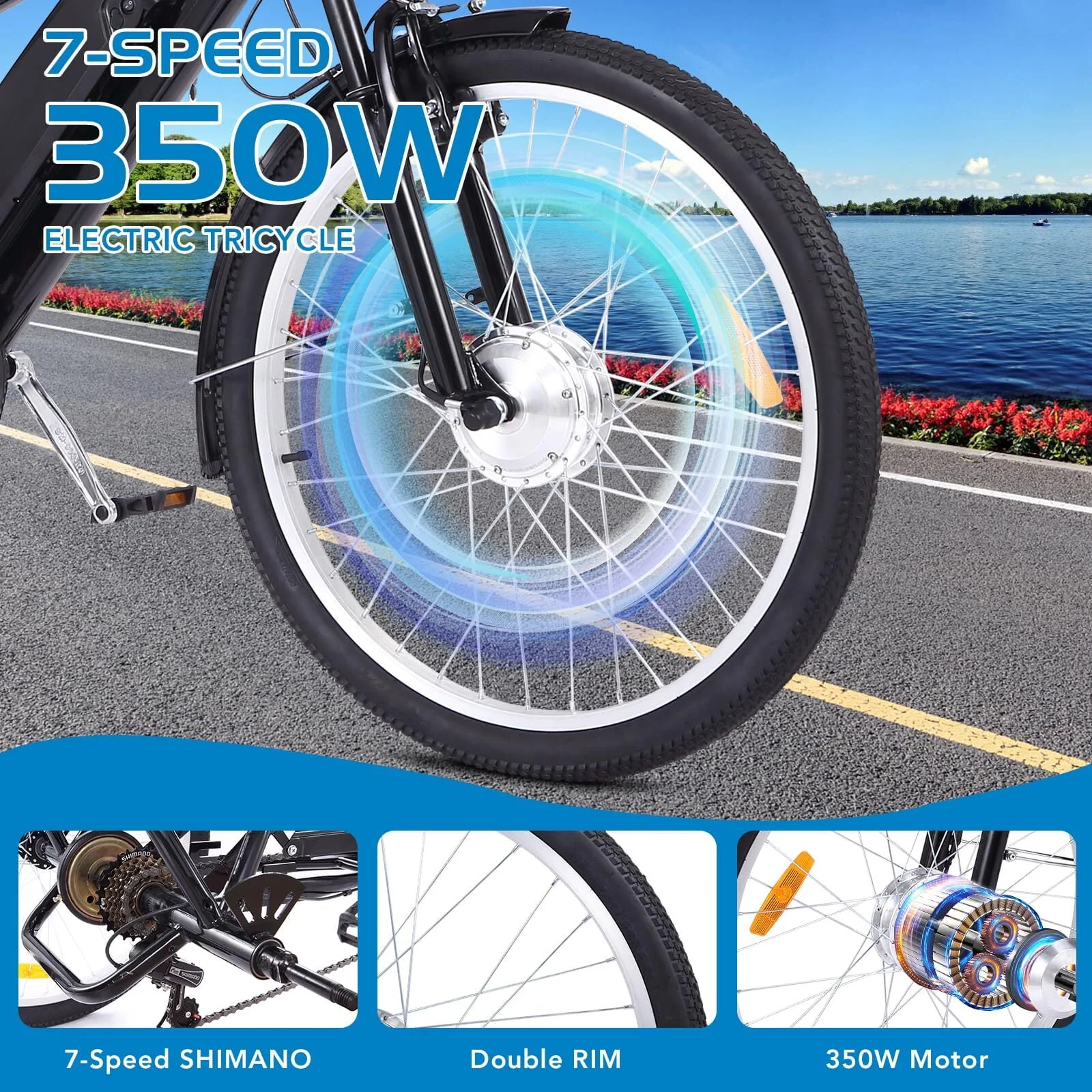 Soonbuy Electric Tricycle 24 Electric Trike, 7 Speeds Motorized Three Wheel Electric Bicycle, 3 Wheels Adult Electric Tricycle with Large Basket,Orange