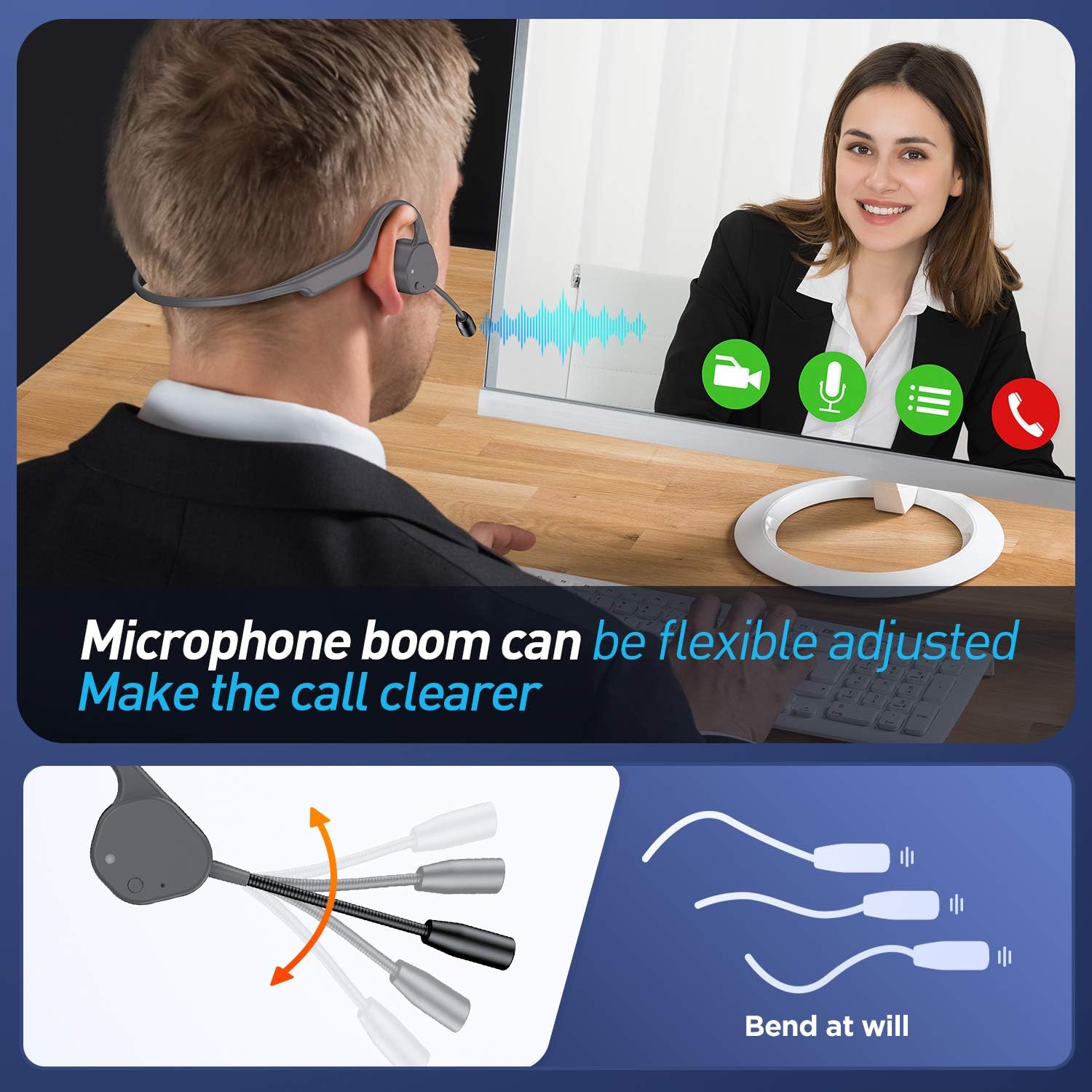 Vidonn Bone Conduction Headphones with Microphone Bluetooth Wireless Headset with Noise-Canceling Boom Microphone for Office Home Business Commercial Use Online Teaching/Learning(S/M)