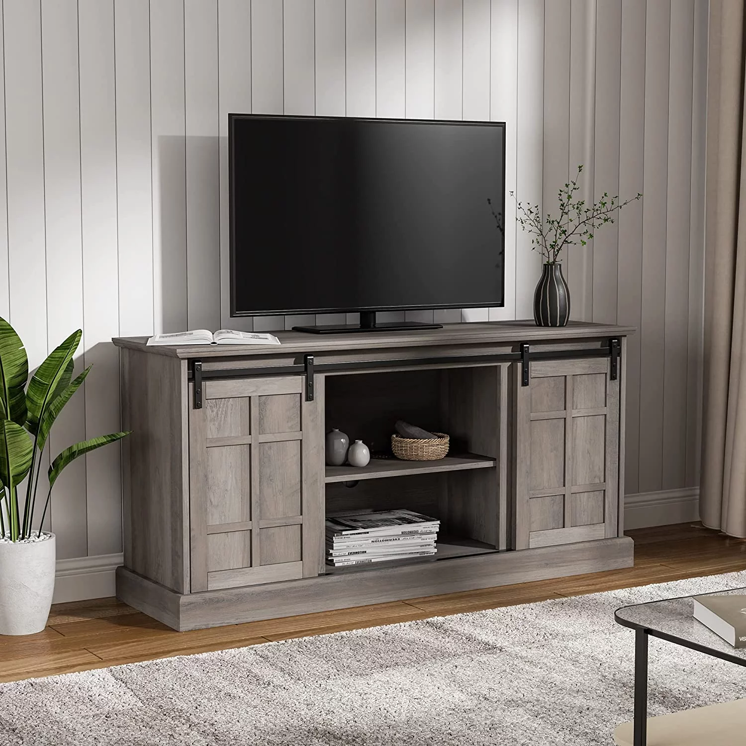 Farmhouse TV Stand, Entertainment Center for 65 inch TV, 58" TV Stand with Sliding Barn Door, Stylish Coastal TV Console and Raised Panel Molding, Wash Gray