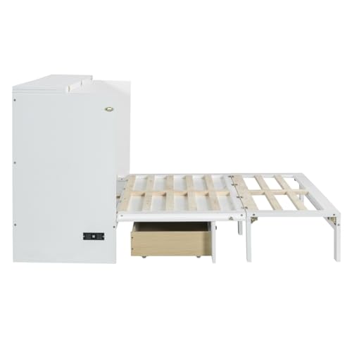 Full Size Murphy Bed Cabinet, Solid Wood Murphy Bed with Charging Station and Large Storage Drawer, Wall Mounted Foldable Platform Bed, Space Saving for Guest Room, Office, Gray