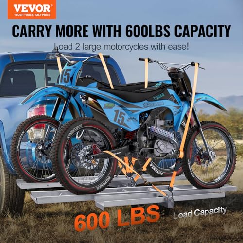VEVOR Motorcycle Carrier, 2-Bike 600 LBS Aluminum Motorcycle Carrier Hitch Mount, Loading Ramp, Scooter Dirt Bike Trailer Hauler, Ratchet Straps and Stabilizer, for Car, Truck with 2" Hitch Receiver