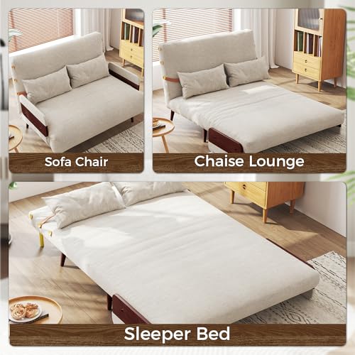 3-in-1 Convertible Chair Bed Sleeper for Adults, Linen Convertable Sleeper Chair with Wooden Arms & Pillows, Foldable Single Futon Sofa Bed (Mid Century with Walnut Arm, 36.6" Wide)