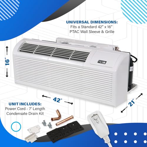 ACiQ PTAC Packaged Terminal Heat Pump Air Conditioner Unit | 7,000 to 15,000 BTU w/ 2.5 to 5 kW Backup Electric Heat | Choose With or Without Sleeve & Grille Kit | Hotel Style, LED Temperature Display