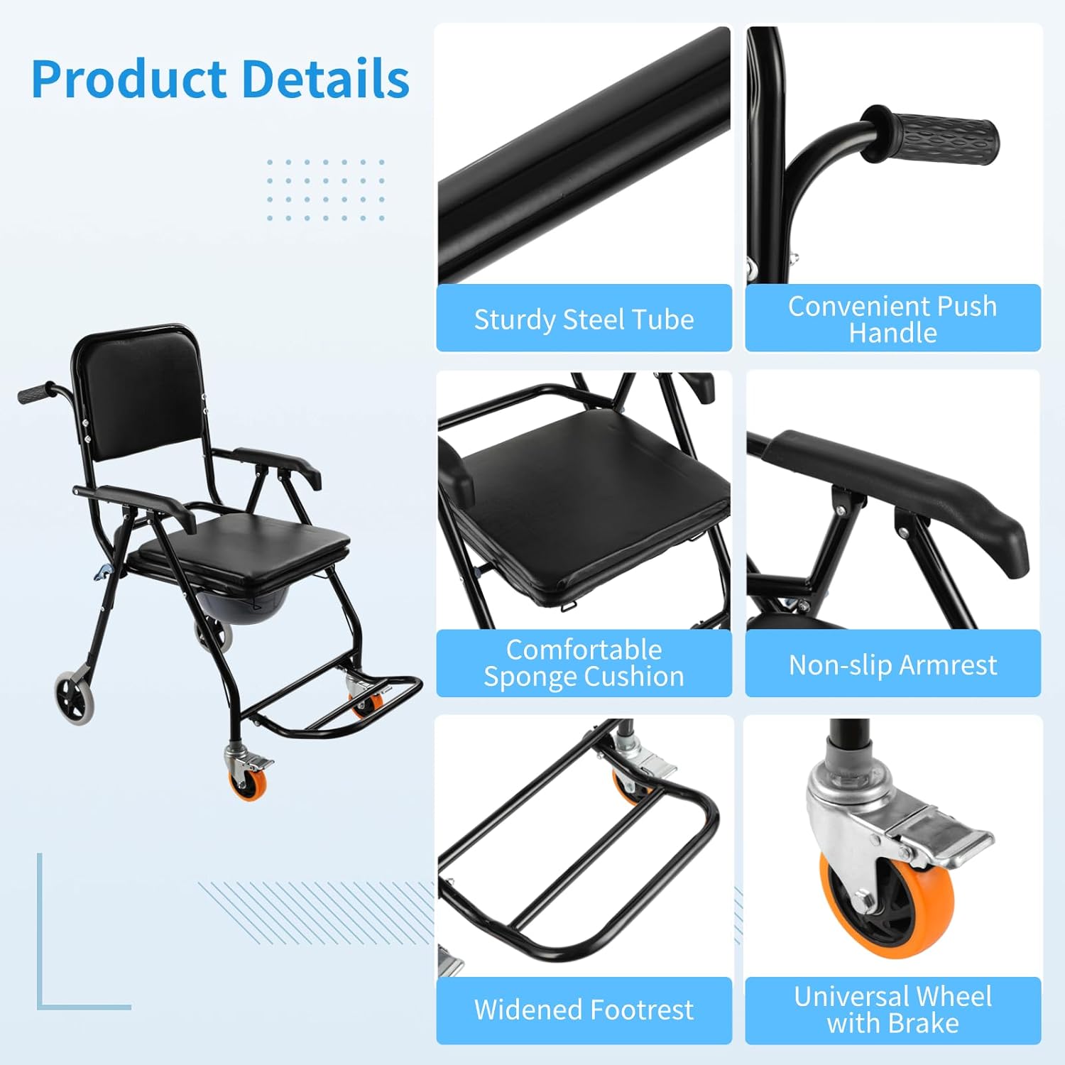 4-in-1 Bedside Commode Shower Wheelchair, Mobile Shower Commode Chair with Lockable Wheels, Foldable Potty Chair with 3 Rolls Bags, Armrests & Footrest for Elderly and Disabled-300lbs