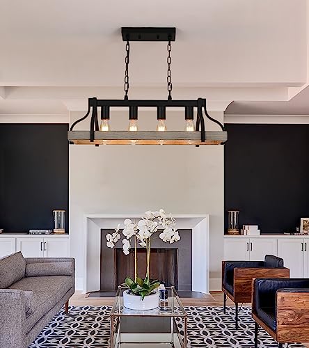 Rustic Kitchen Island Dining Room Light Fixture Farmhouse Linear Chandelier Black and Retro Wood Finish 4-Light Industrial Metal Hanging Pendant Light UL Listed L28.3 W10.6